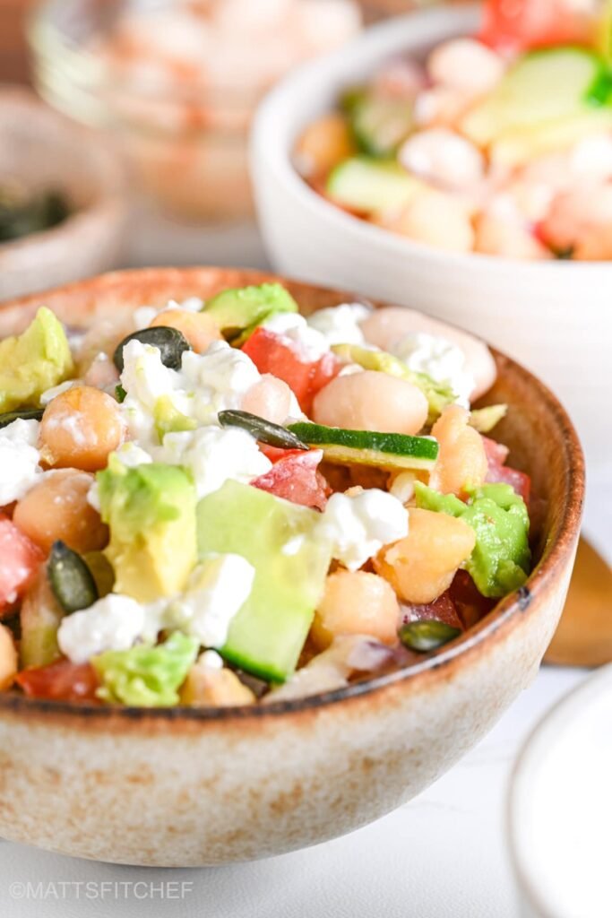 High protein dense bean salad ready to eat as a healthy vegetarian side dish or main