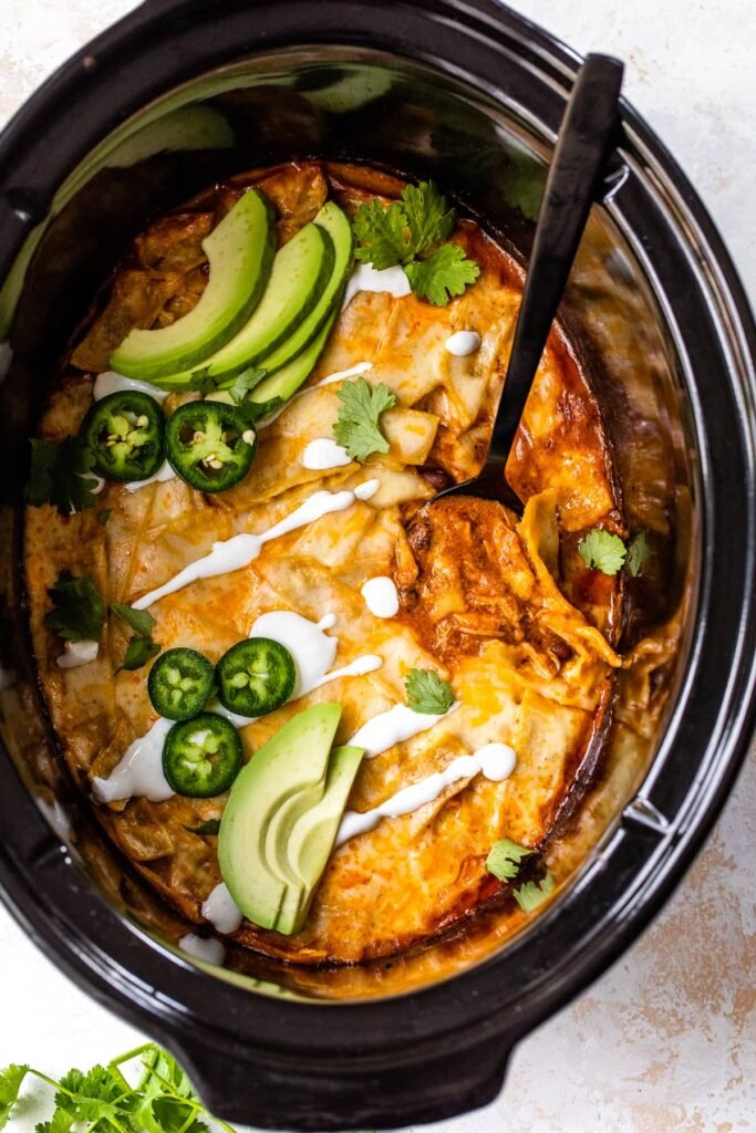 Chicken enchilada crockpot dinner in slow cooker insert