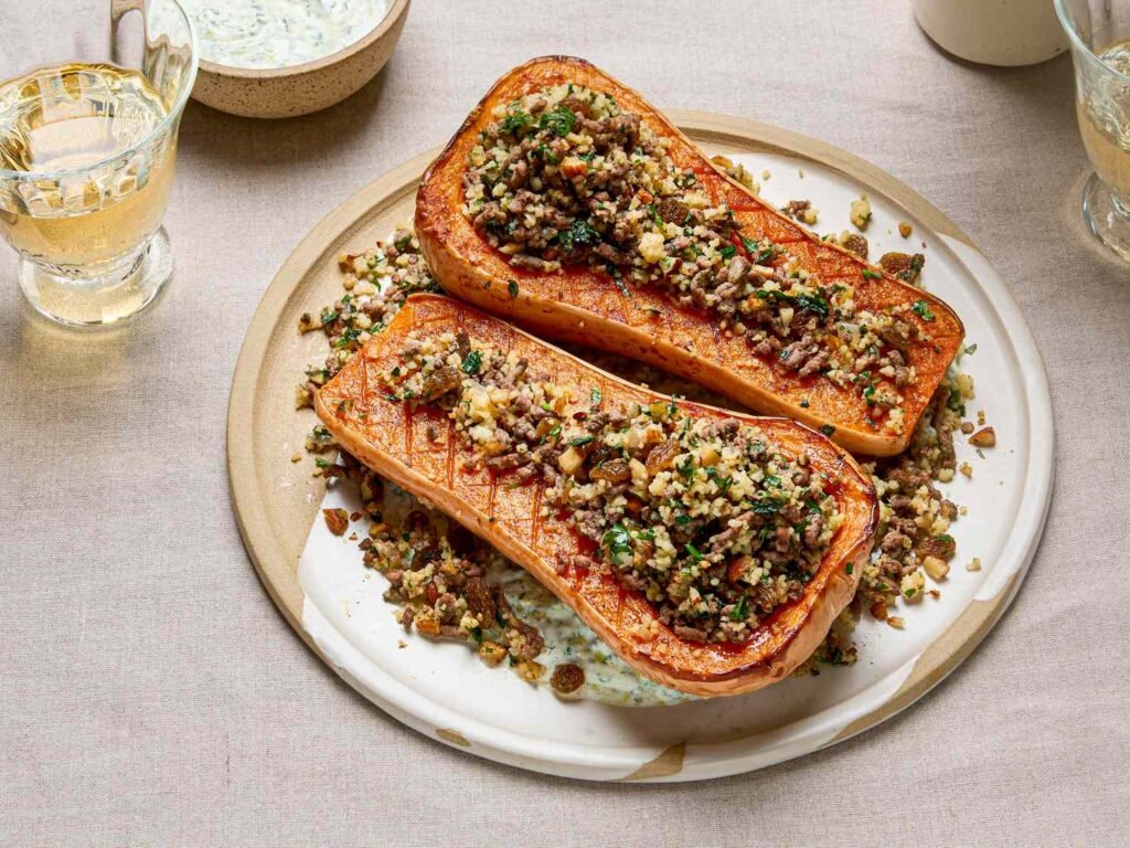 Roasted Butternut Squash Stuffed with Kefta and Couscous