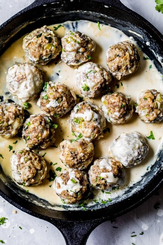 Swedish Meatballs | Skinnytaste Skillet of creamy Swedish meatballs.