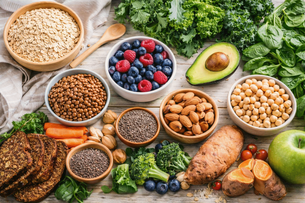 Overhead view of high-fiber plant foods including oats, berries, lentils, avocado, leafy greens, and nuts arranged on a kitchen table.