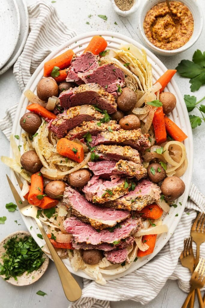 Overhead view of a platter of Crockpot Corned Beef and Cabbage with carrots and fresh herbs.