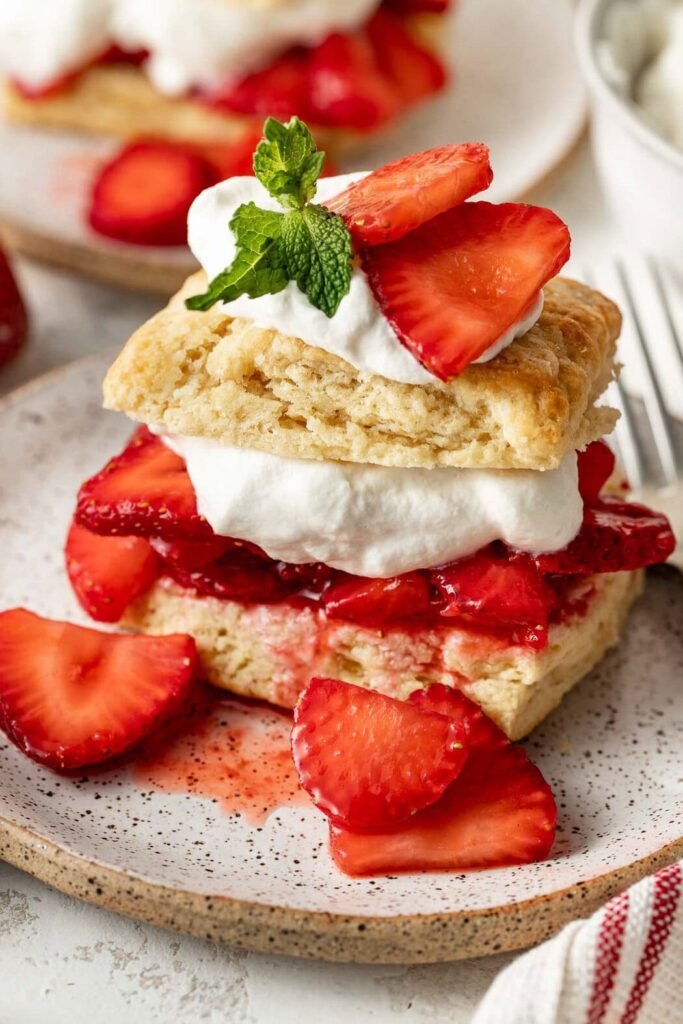 Close up view of a piece of Strawberry Shortcake showing the layers of biscuits, strawberries, whipped cream and garnish of fresh mint.